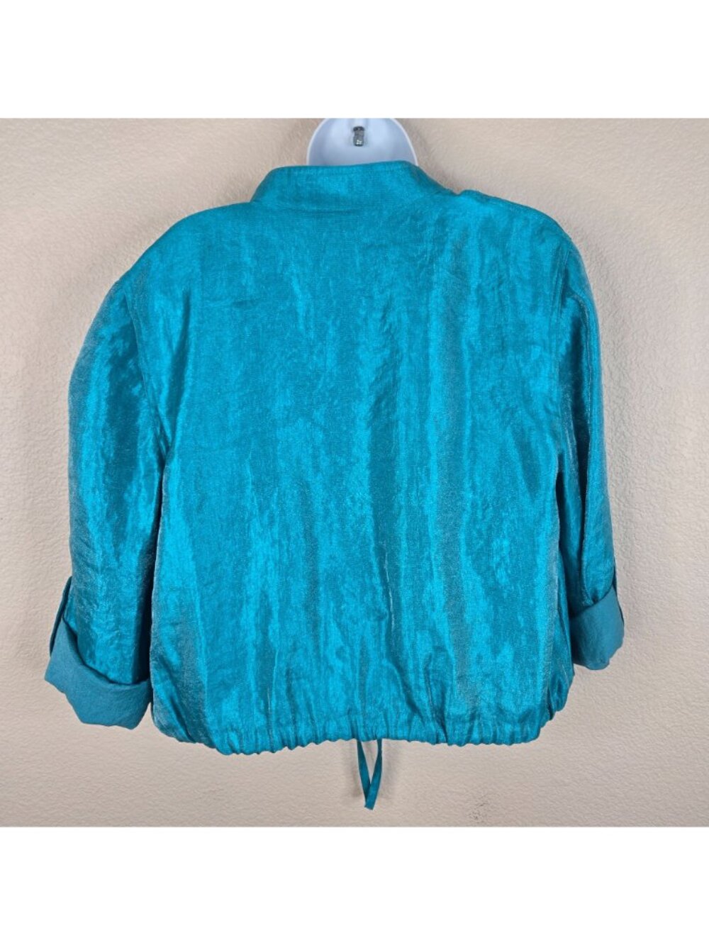Vintage 90s Teal Blue Button-Up Drawstring Jacket Womens L Metallic Cropped - Picture 2 of 8